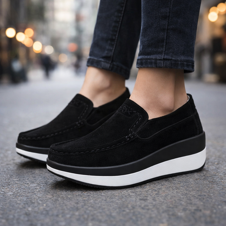 Women's comfortable burgundy suede slip-on loafers, a versatile and supportive orthopedic shoe