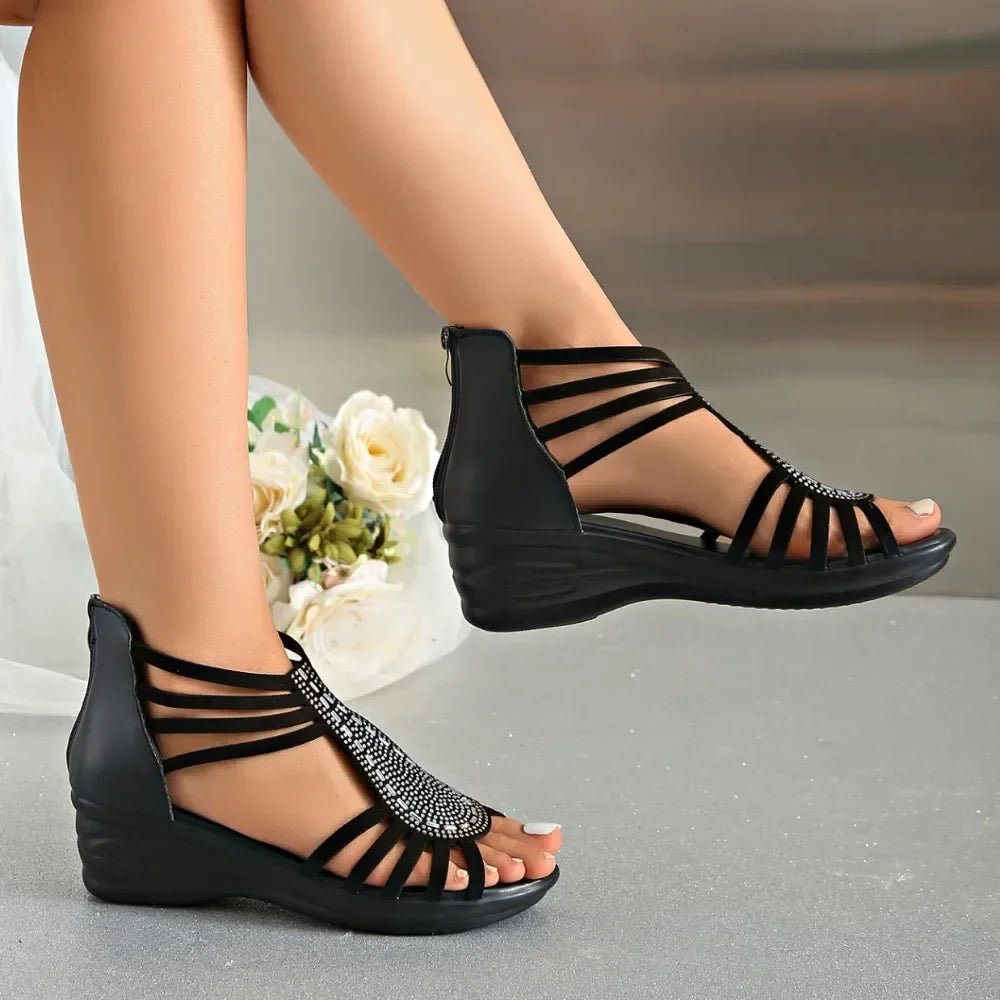 Supportive women's wedge sandals, orthopedic comfort with a chic jeweled upper, ideal for summer
