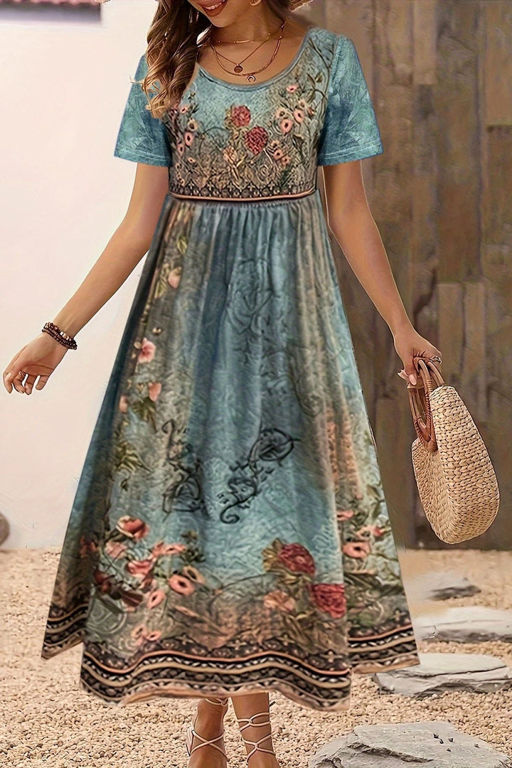 Relaxed fit women's printed midi dress. Comfortable knee-length style, ideal for summer, everyday, or work attire.