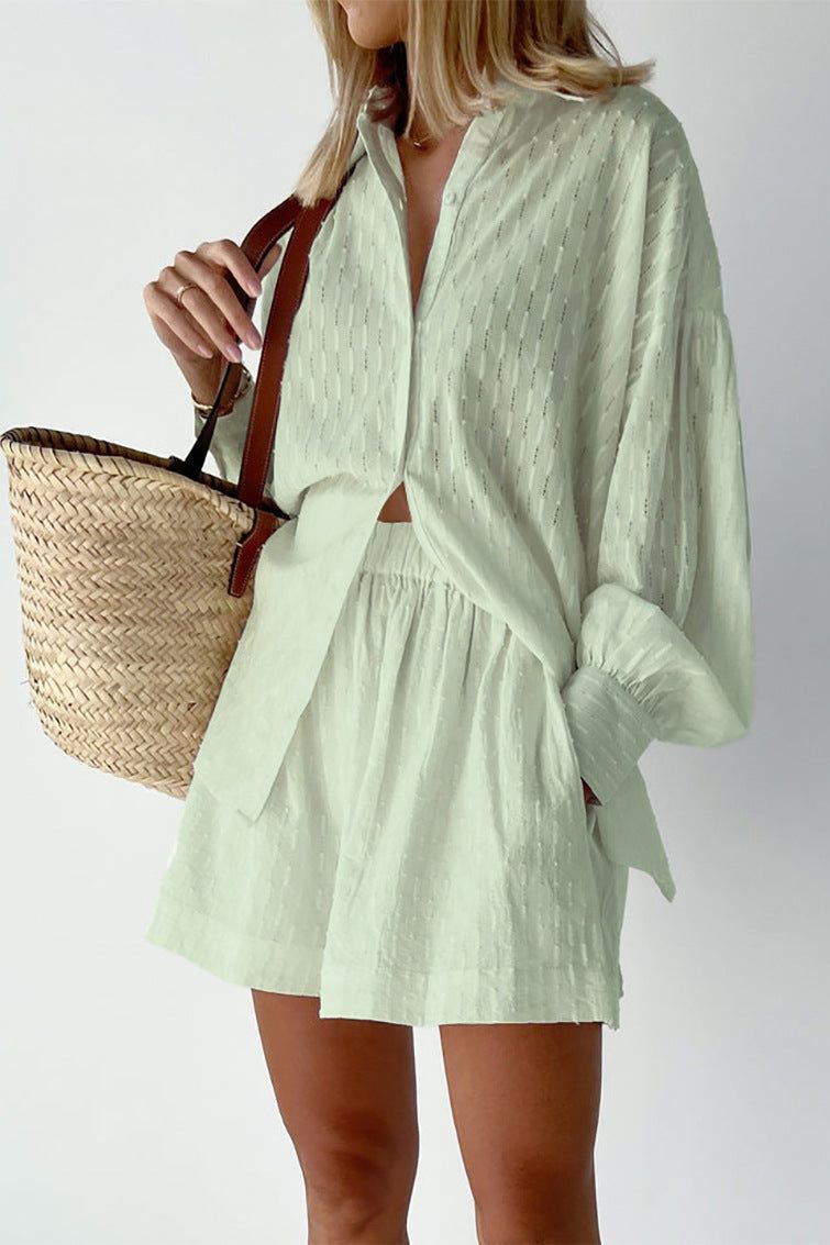 Chic women's casual shirt & shorts two-piece set, great for spring fashion & summer outings.