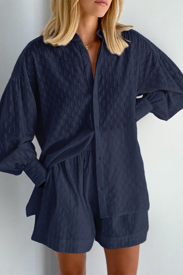 Comfortable women's short sleeve shirt & shorts set, a relaxed fit for summer travel outfit.