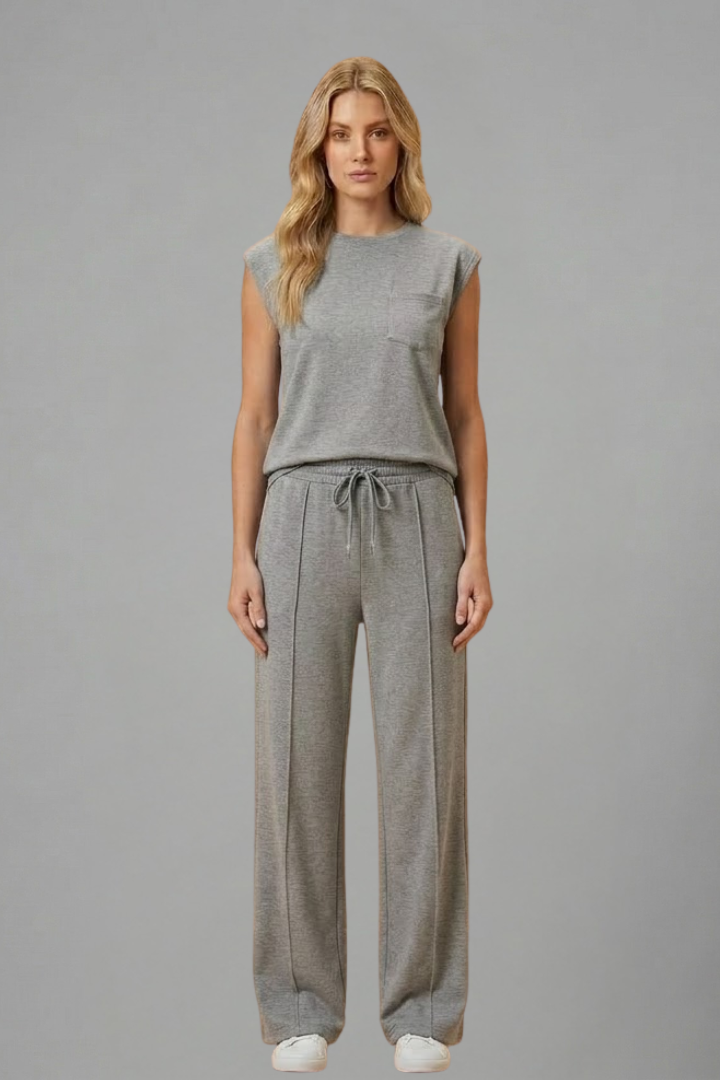 Women's comfortable soft-knit short-sleeve top and shorts loungewear set for relaxing at home.