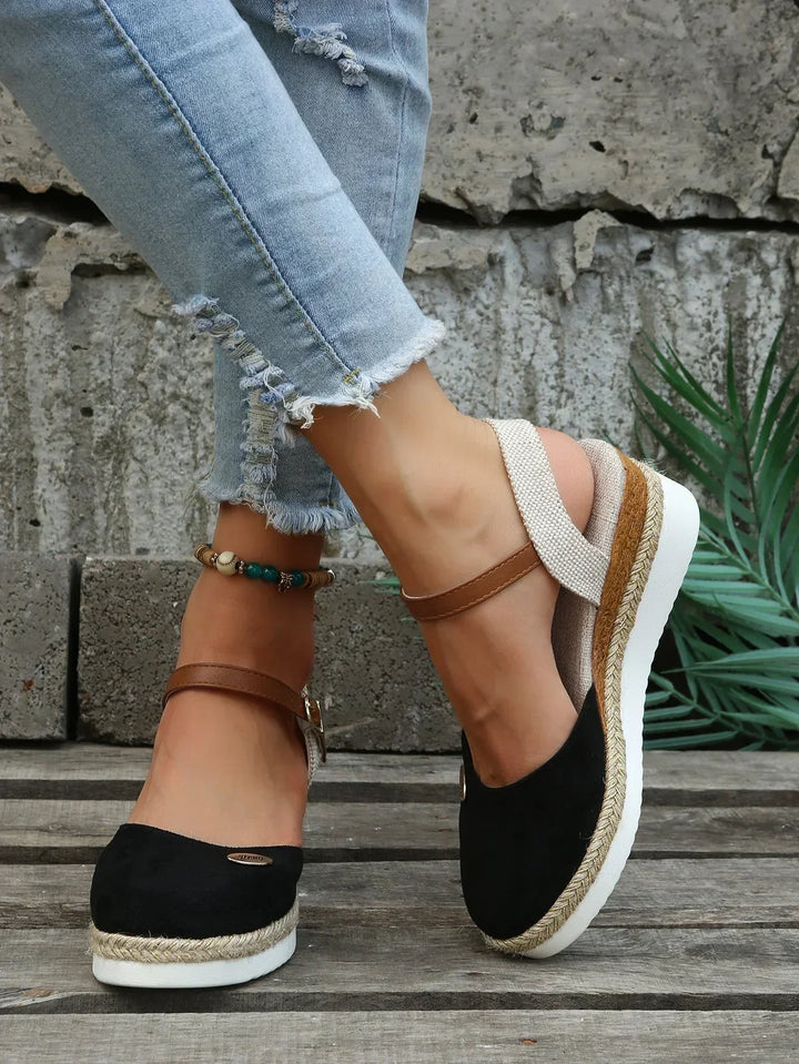 Closeup of Sofia women's espadrille flats, highlighting comfortable design & durable sole for summer shoes.