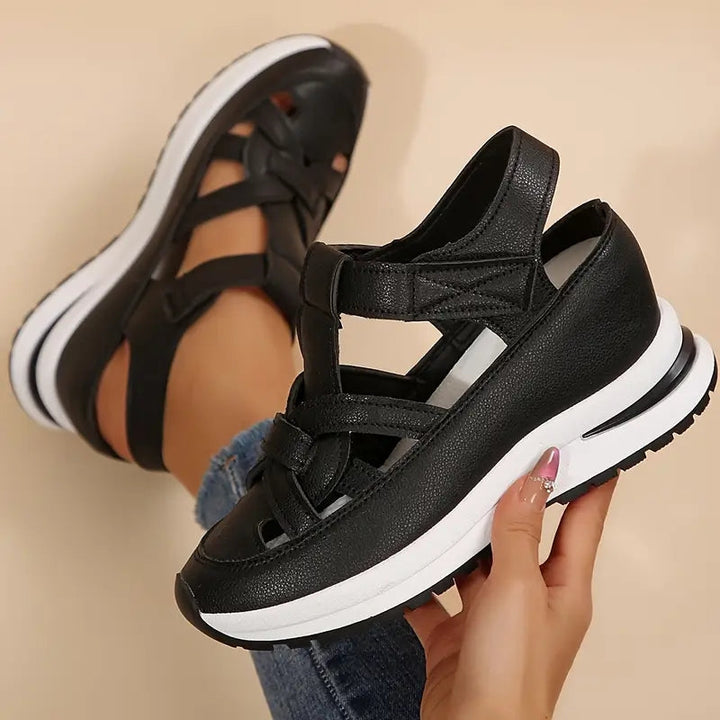 Women's everyday comfort platform sandals, sporty cutout design, open toe. Black or white options.