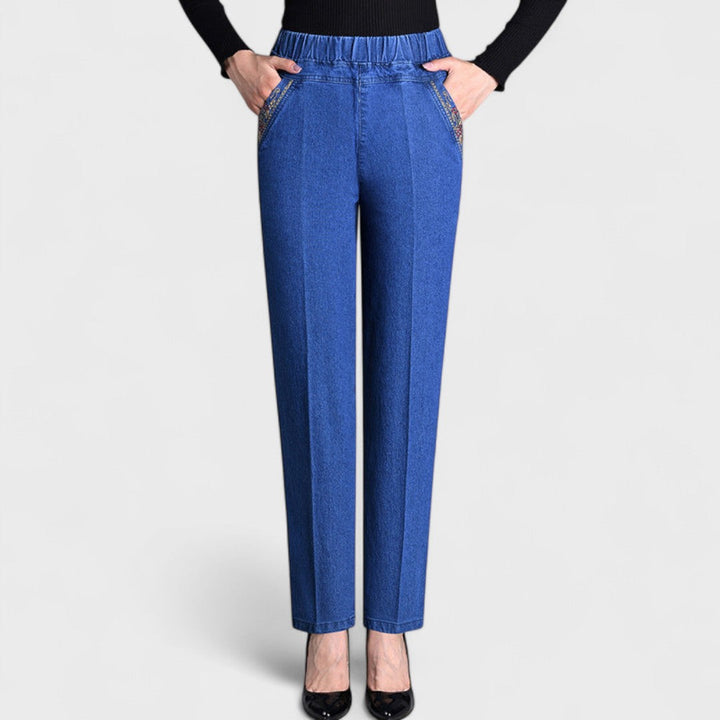 Women's comfortable stretch denim jeans with elastic waistband, perfect for everyday casual wear.