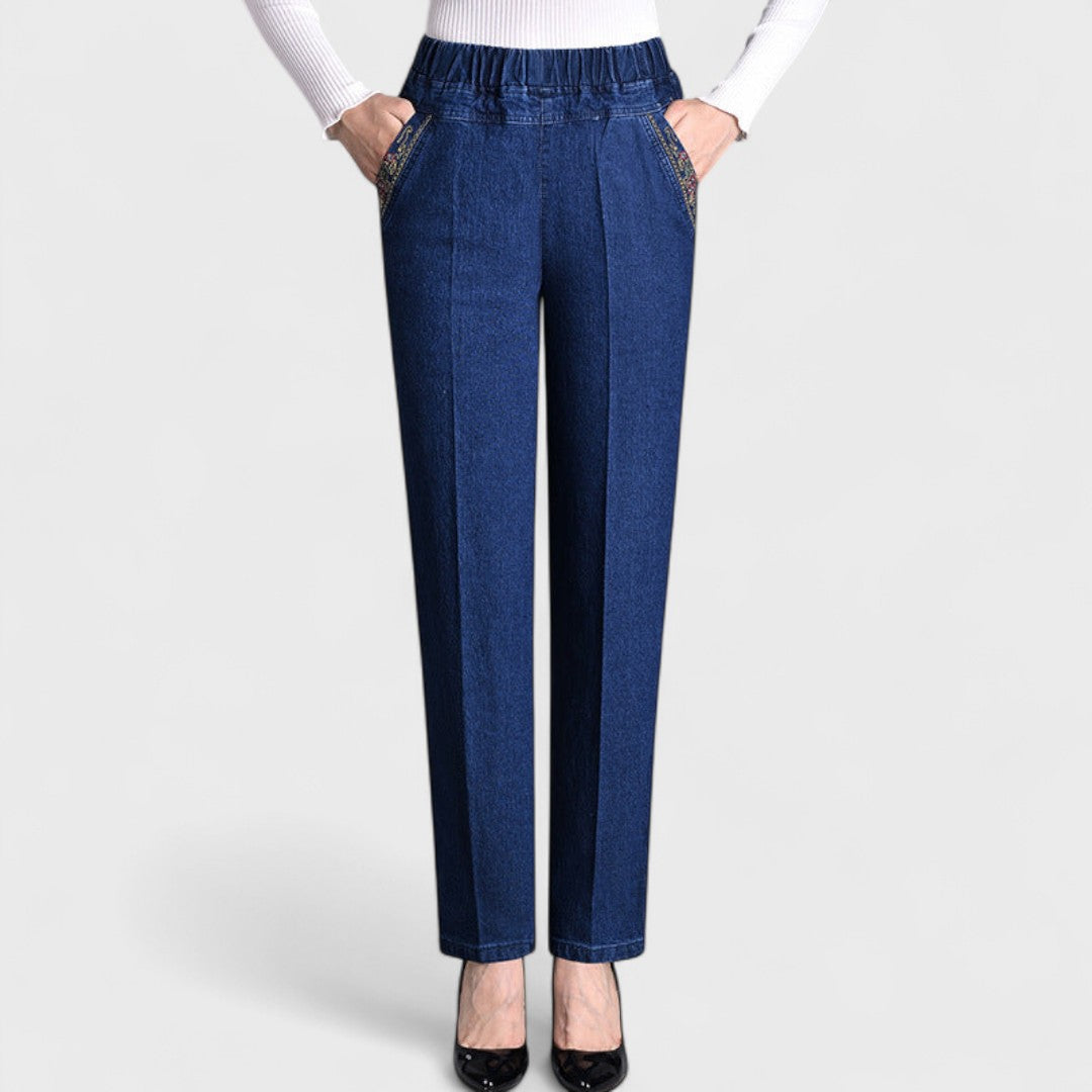 Soft denim women's stretch jeans, elastic waist, ensuring comfort for all-day everyday wear and movement.