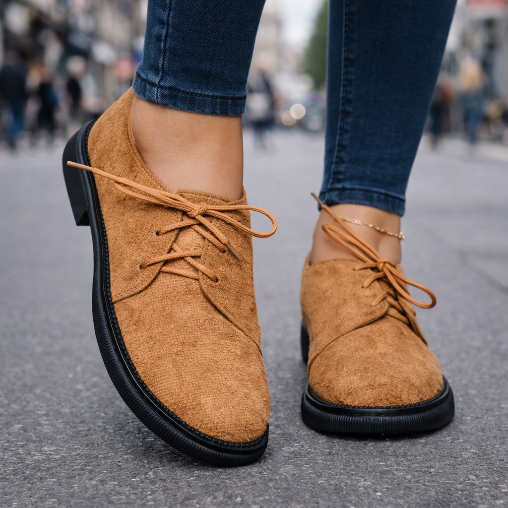 Women's comfortable suede lace-up flats in a neutral color, styled for everyday wear.