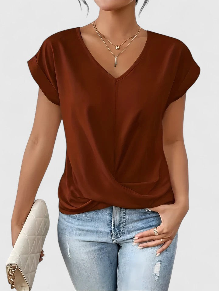 Comfortable V-neck top for women, featuring a trendy twist front detail, great for everyday fashion.