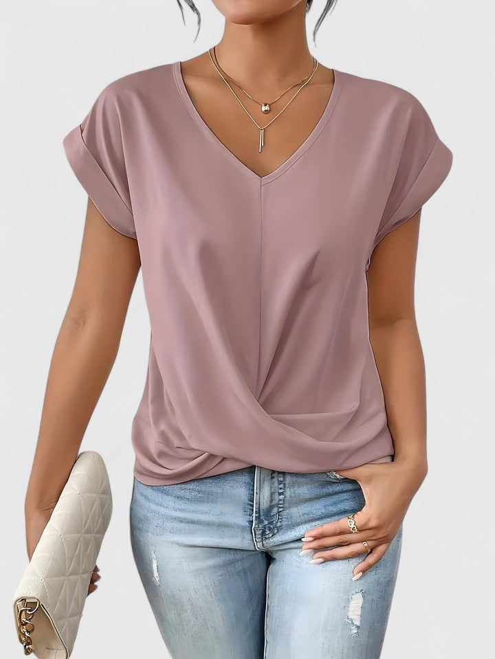 Chic women's V-neck blouse, soft and comfortable with a unique twist front design.
