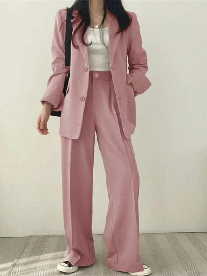 Women's comfortable two-piece stretch pant suit, ideal for versatile business casual or everyday wear.