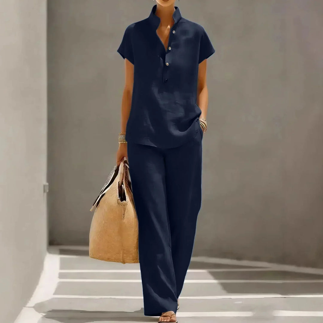 Women's comfortable two-piece summer set with relaxed wide-leg pants and short-sleeve top. Perfect casual resort wear.