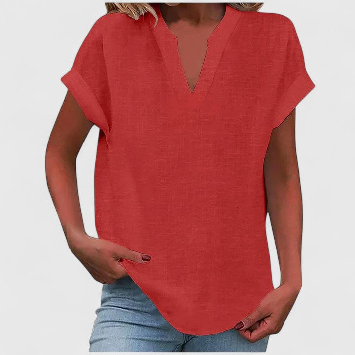 Effortless chic women's V-neck short sleeve blouse, comfortable top for versatile everyday fashion.