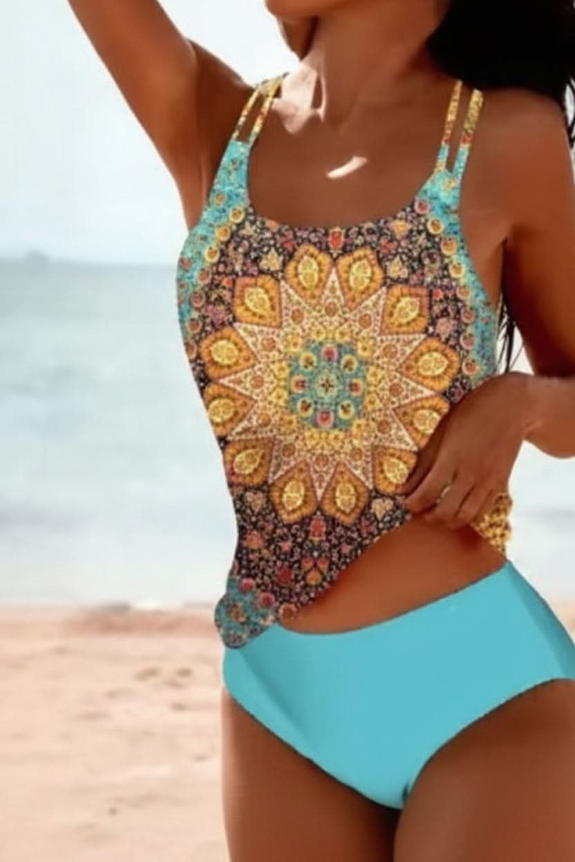 Women's summer boho print tankini set, chic beachwear and flattering swimwear for vacation.