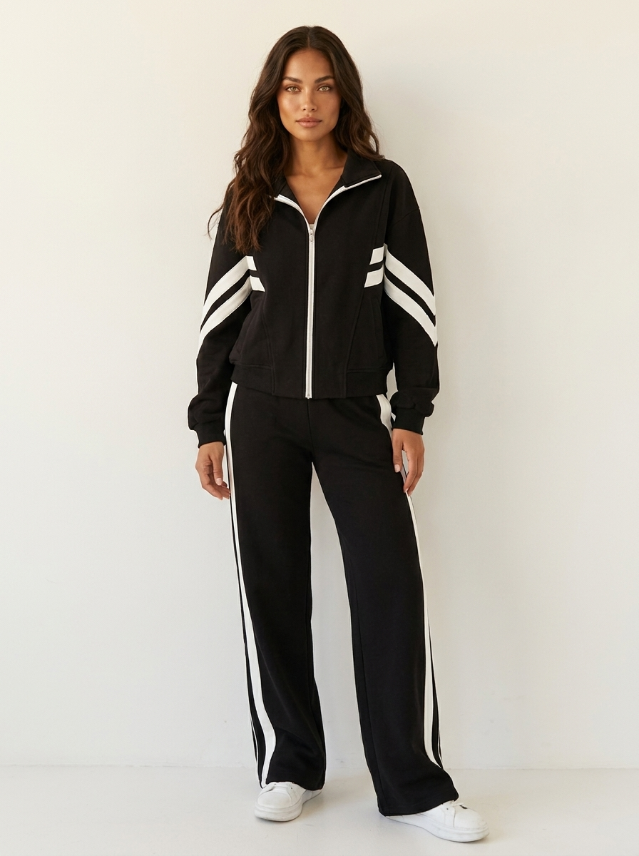 Comfortable women's wide leg tracksuit pants with contrast side stripes. Ideal for loungewear.