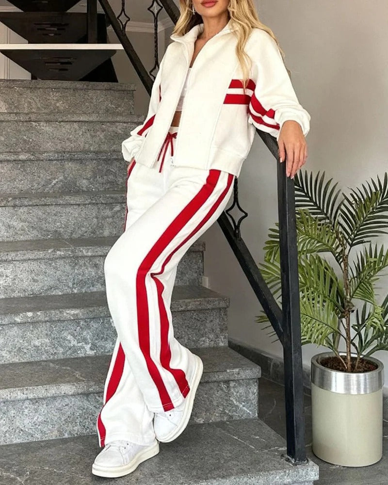 Trendy women's contrast stripe tracksuit. A comfortable zip-up jacket & flowy wide leg pants for daily wear.