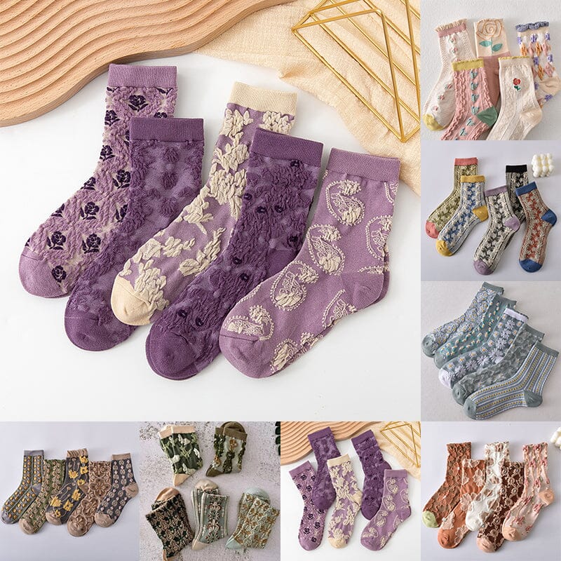 Women's cotton crew socks with vibrant floral pattern, comfortable and breathable for everyday wear