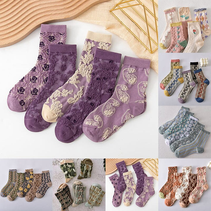 Women's cotton crew socks with vibrant floral pattern, comfortable and breathable for everyday wear