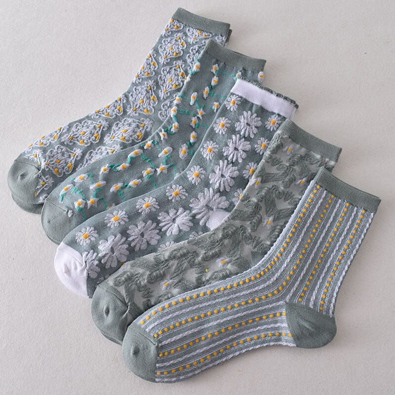 Women's casual floral cotton socks on a white background, emphasizing their detailed and colorful design