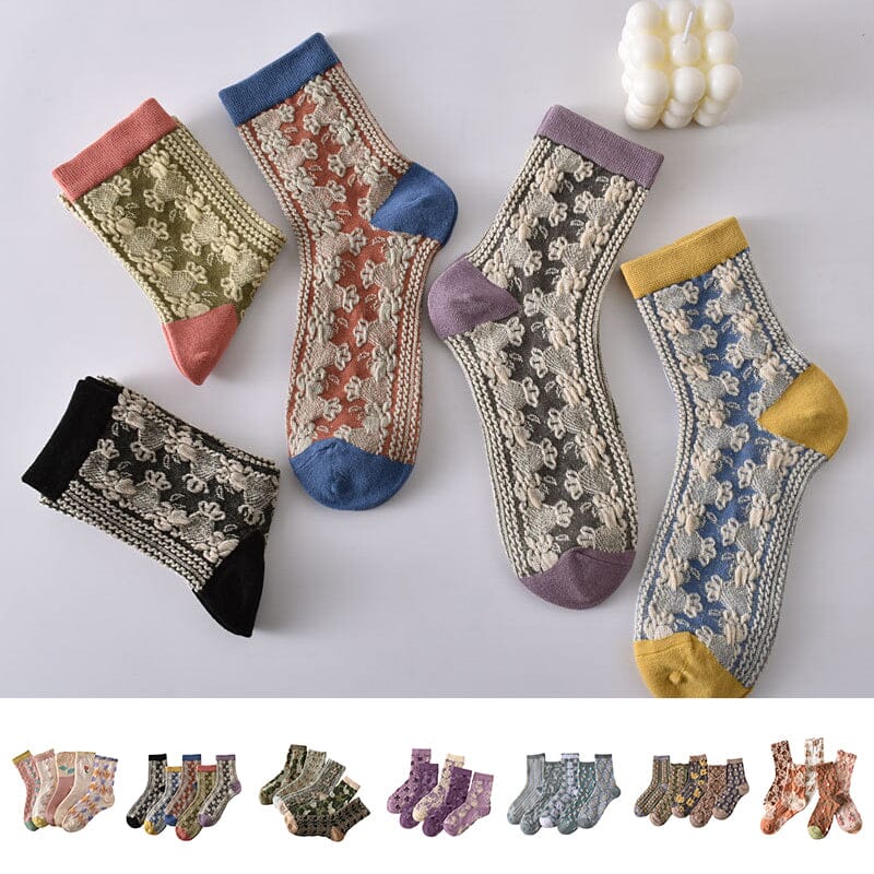 Close-up of women's floral cotton socks, showing intricate flower and leaf design on soft fabric