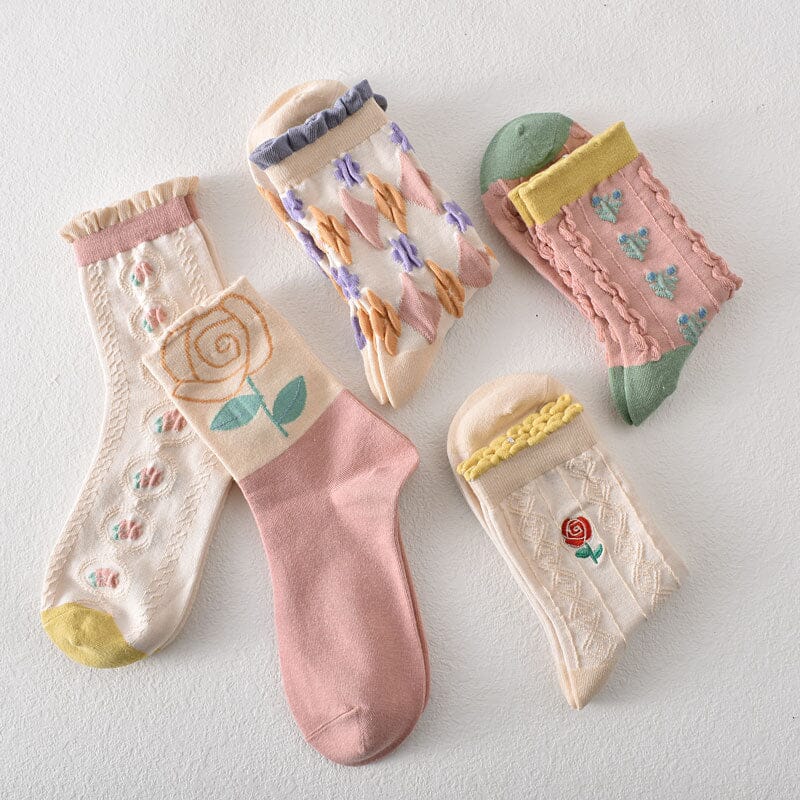 Collection of colorful women's floral cotton socks, perfect for a casual yet stylish look