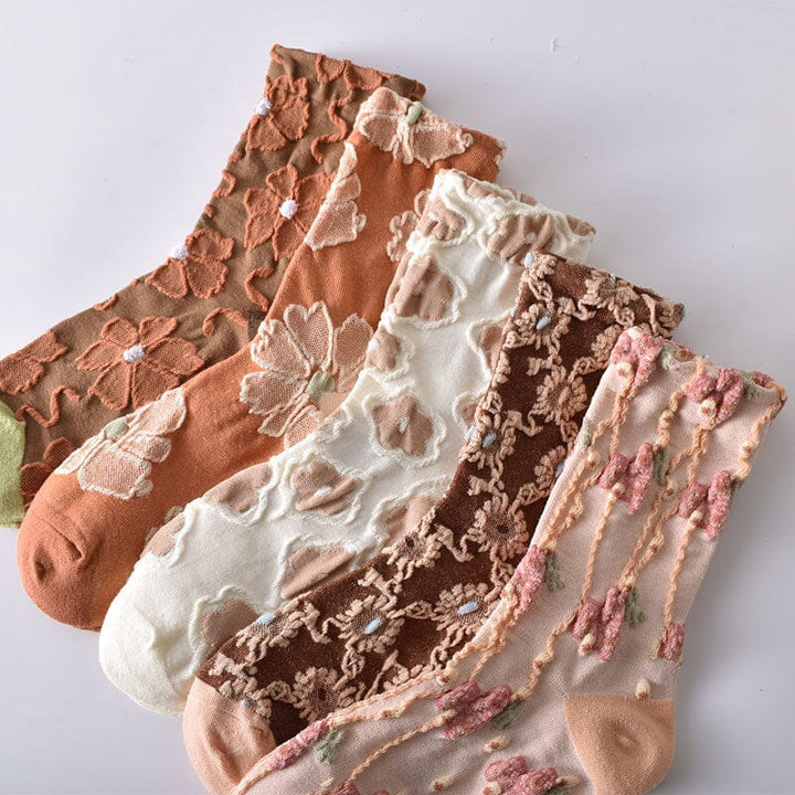 Women's luxury soft cotton socks with an elegant floral motif, suitable for all seasons