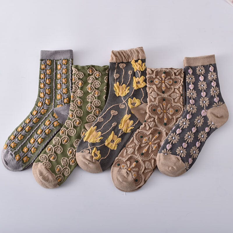 Pack of women's durable cotton socks with diverse floral patterns, combining style and utility