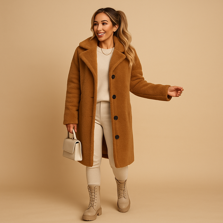 Elegant women's plush beige longline teddy jacket, ideal for cozy and warm winter fashion.