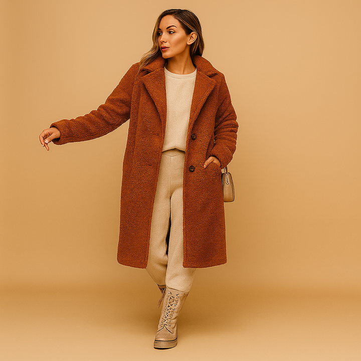 Warm & cozy women's beige longline teddy coat. Plush winter jacket for elegant comfort and style.