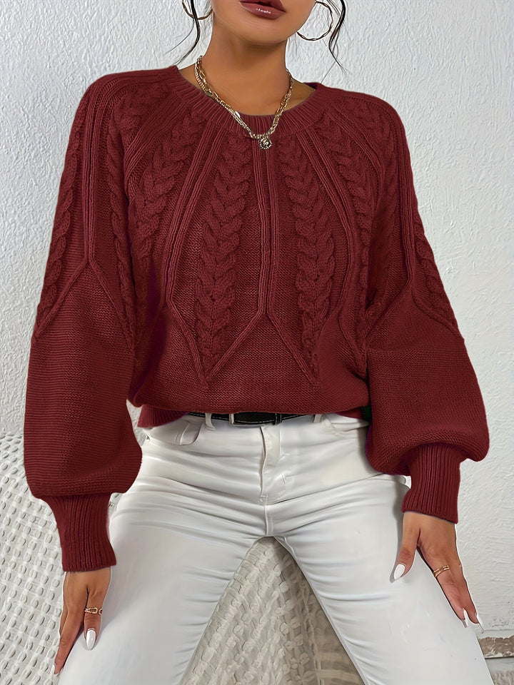 Women's relaxed fit cable knit sweater, ultimate comfort for cool weather, stylish.