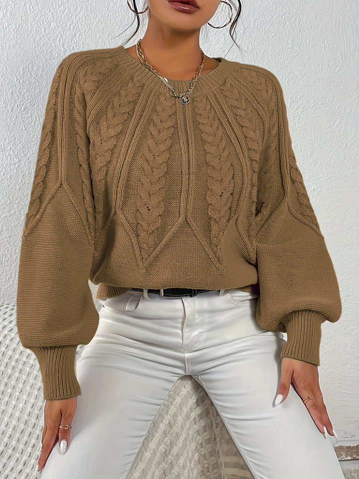 Women's everyday relaxed fit cable knit sweater, chunky texture, incredibly warm.