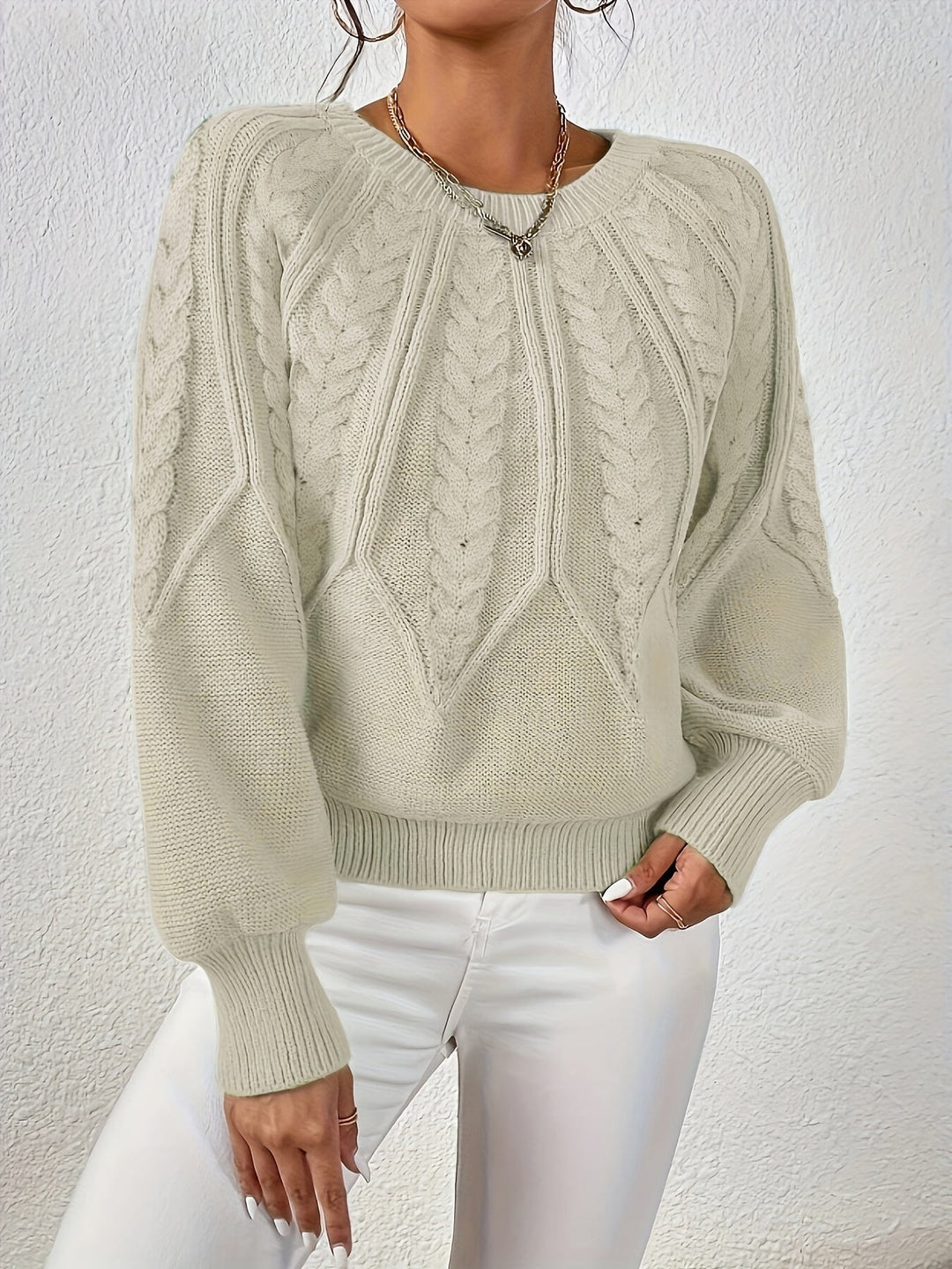 Fall fashion women's cable knit sweater, relaxed fit, comfortable and chic.