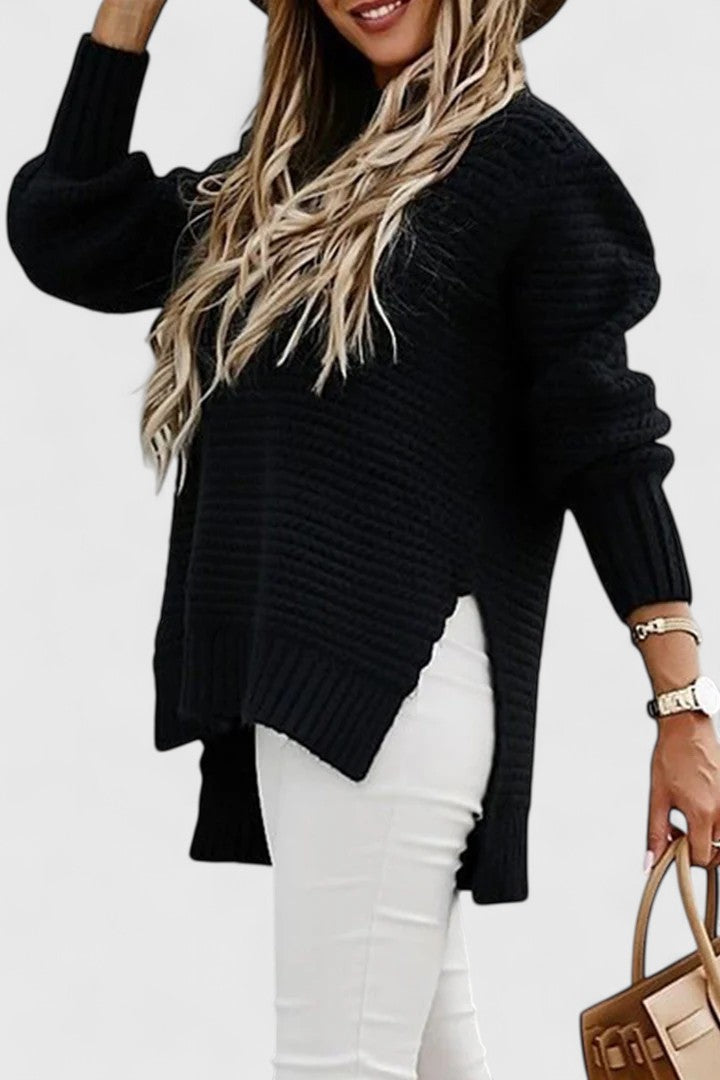 Stylish women's ribbed mock neck sweater, a chunky knit pullover for warm winter fashion and everyday wear.