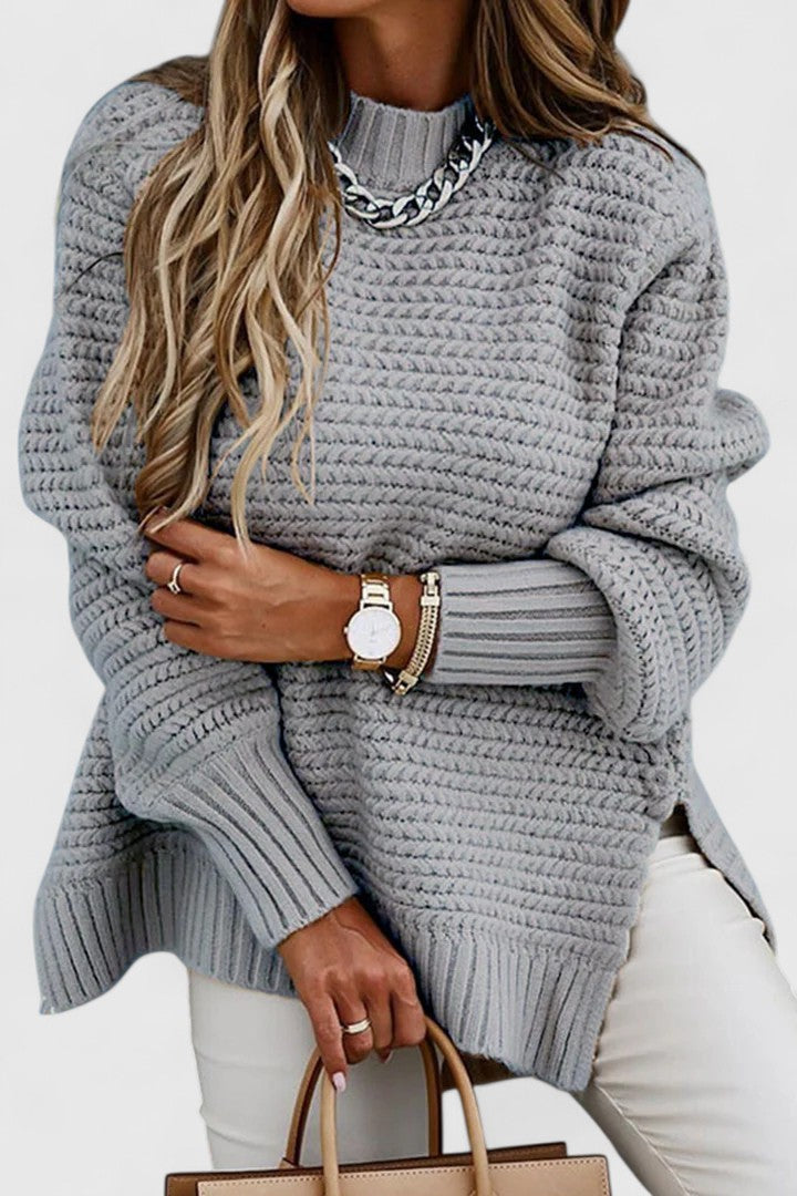 Long sleeve women's chunky ribbed pullover sweater, a cozy mock neck top for versatile winter everyday wear.