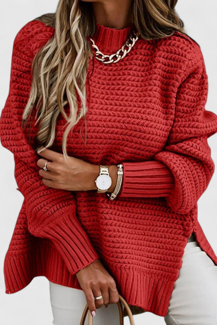 Chunky knit women's mock neck sweater, a cozy ribbed pullover for stylish and warm winter fashion.