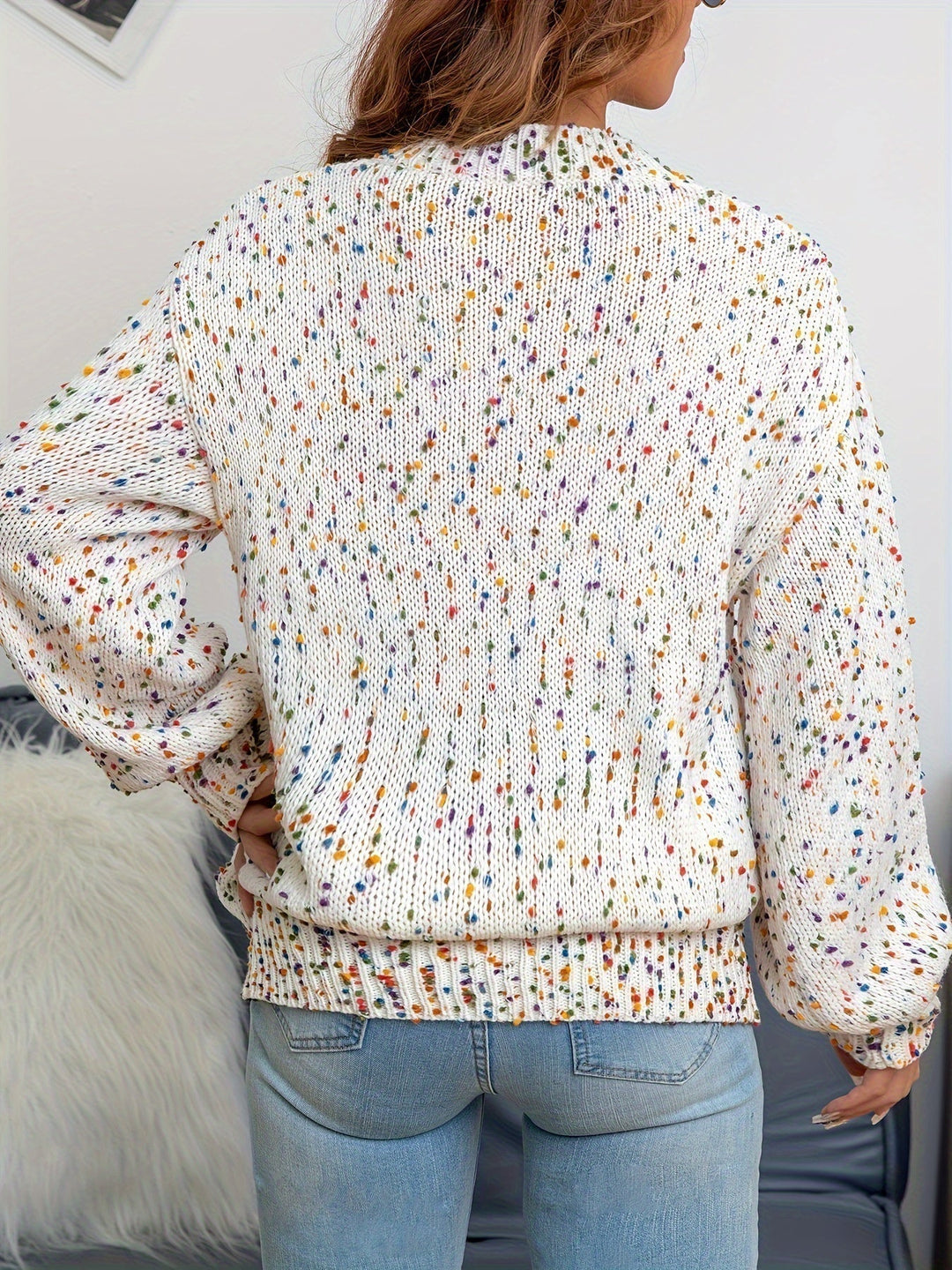Stylish women's warm confetti print knitted sweater, ideal for cozy fall and winter casual wear. Great holiday gift.