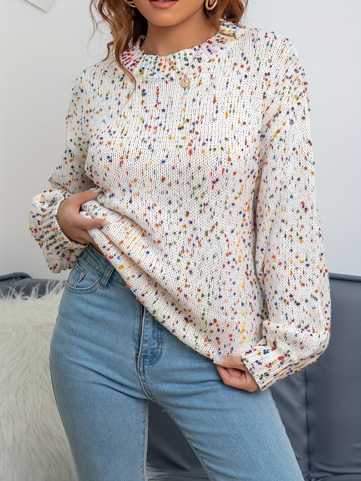 Cozy women's confetti print sweater, a warm knitted pullover perfect for fall casual wear & winter comfort. Stylish round neck.