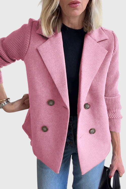Women's cozy double-breasted knit blazer, perfect for stylish office wear or casual chic layering.