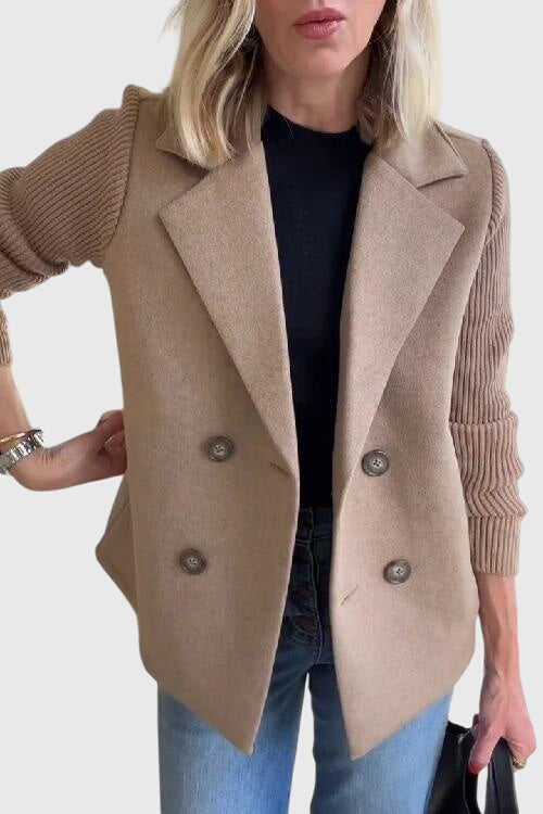 Elegant women's knit blazer, double-breasted, offering cozy comfort and a tailored look for office or casual.