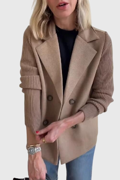 Fashionable women's double-breasted knit blazer, perfect outerwear for layering and creating chic looks.