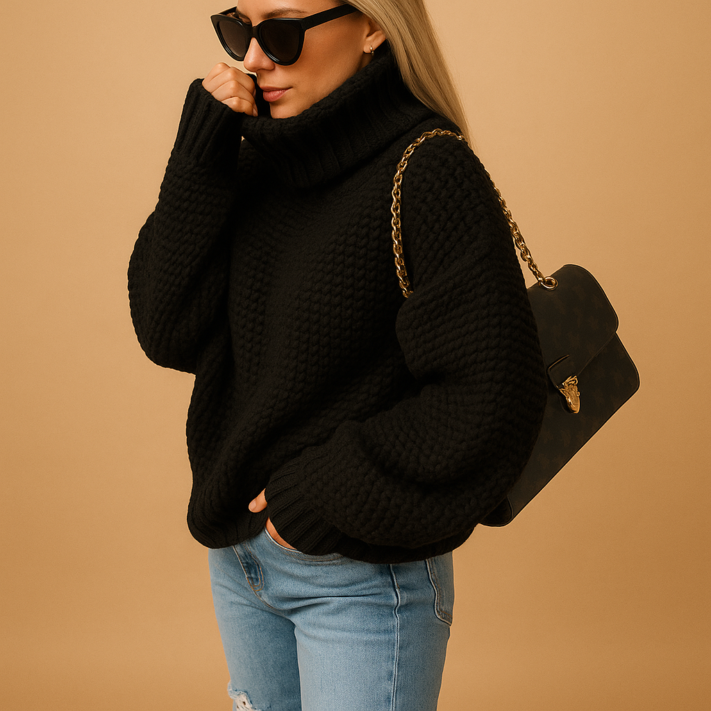 Woman wearing a relaxed fit long sleeve pullover sweater, ideal for casual daily wear & winter comfort.