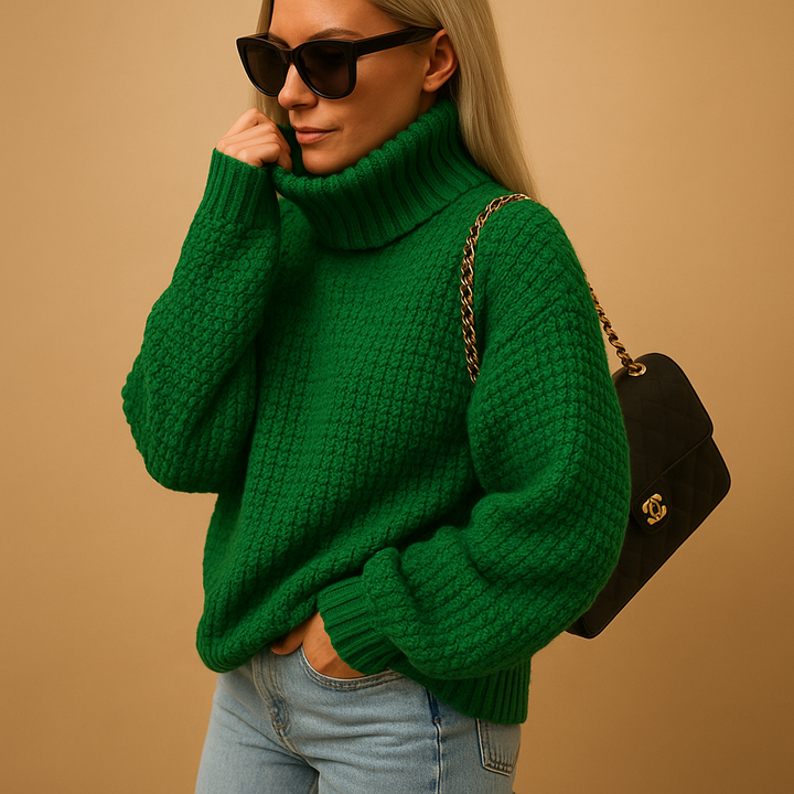 Back view of a women's elegant pullover sweater with a relaxed fit, great for cozy winter styling & layering.