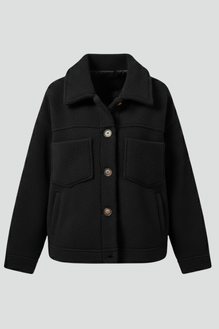 Women's cozy fleece button-up jacket, relaxed fit, perfect for fall/winter comfort & everyday casual wear.