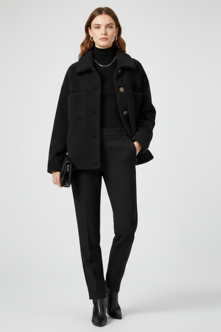 Chic women's button-up fleece jacket featuring spacious pockets. Versatile outerwear for casual everyday fall fashion.
