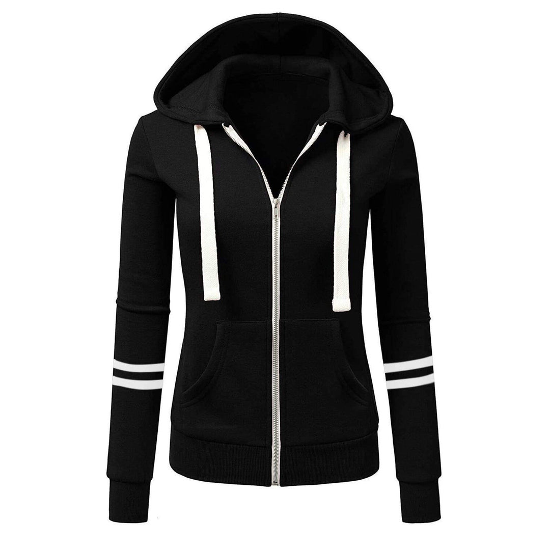 Stylish black women's full-zip hoodie. Cozy hooded sweatshirt for layering, ideal for fall & winter comfort.