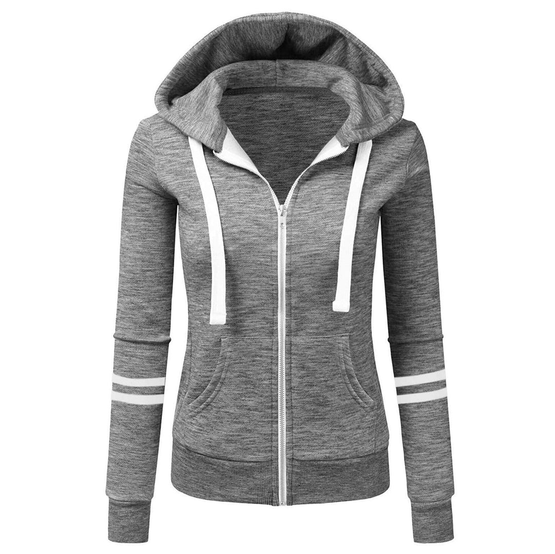 Gray women's cozy zip-up hoodie. Comfortable hooded sweatshirt for layering, essential for fall & winter style.
