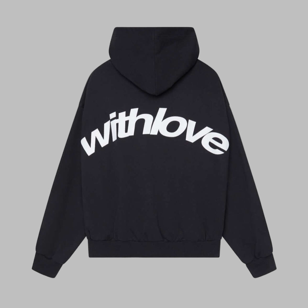 Black and yellow graphic hoodie for women, featuring a relaxed fit. Cozy long-sleeve top for casual style.