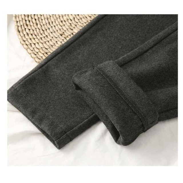 Comfortable wool blend harem trousers for women, ideal for cozy autumn and winter casual or office outfits.