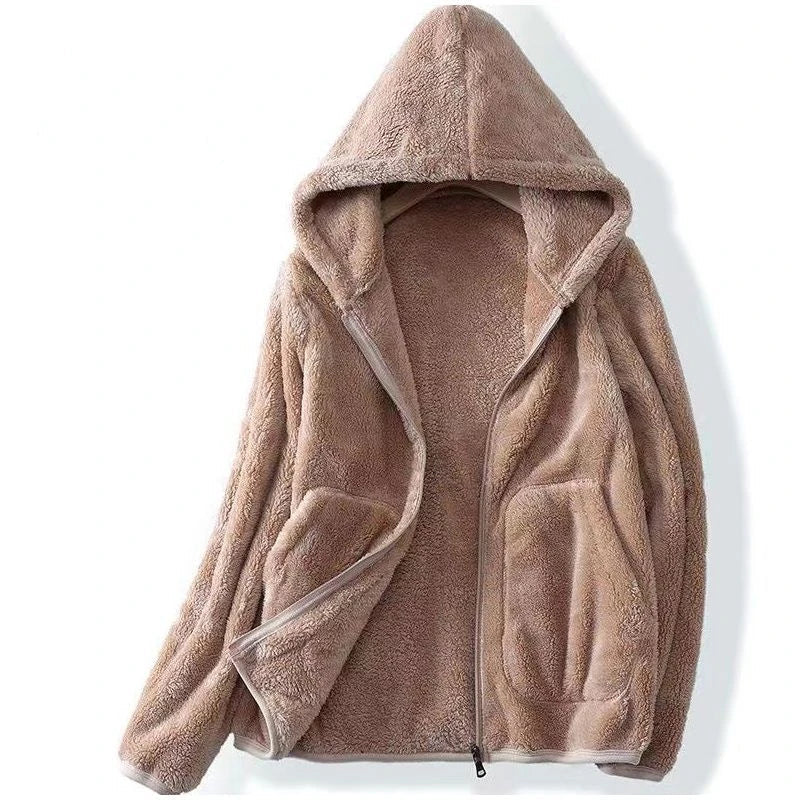 Women's cozy hooded khaki zip-up winter jacket, front view, perfect for casual outerwear.