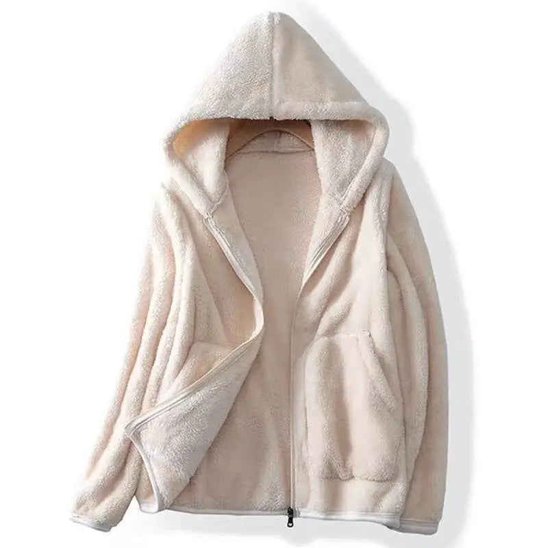 Back view of a women's khaki hooded winter jacket, showing cozy fabric and relaxed fit.