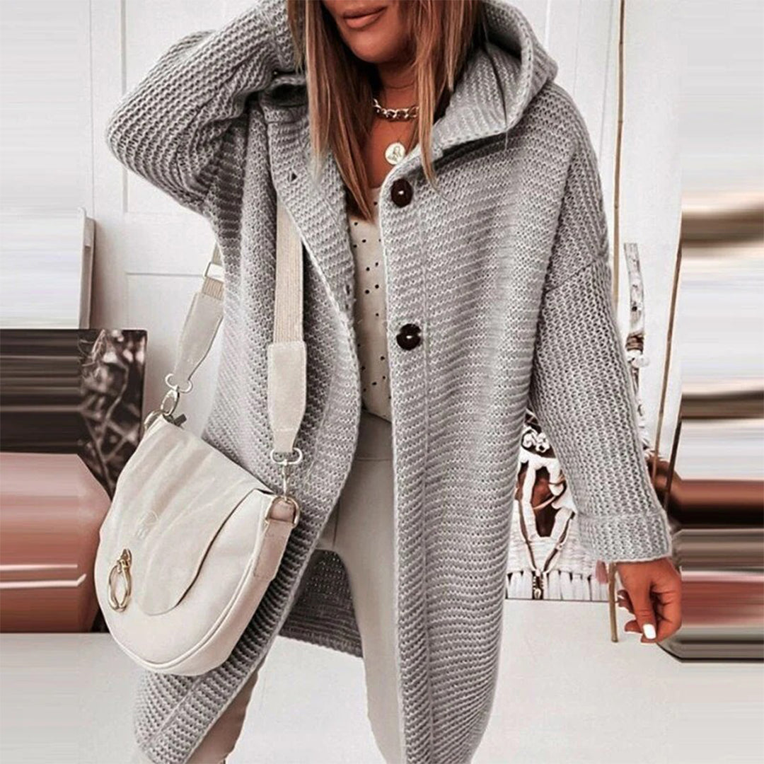 Cozy women's hooded cardigan, long sleeve design, perfect for comfortable winter layering.